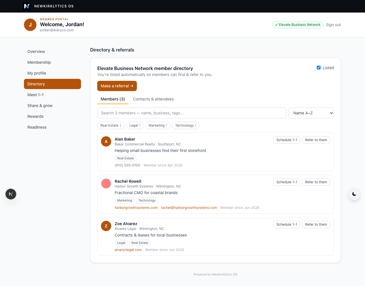 Member directory with search, sort, and tag cloud