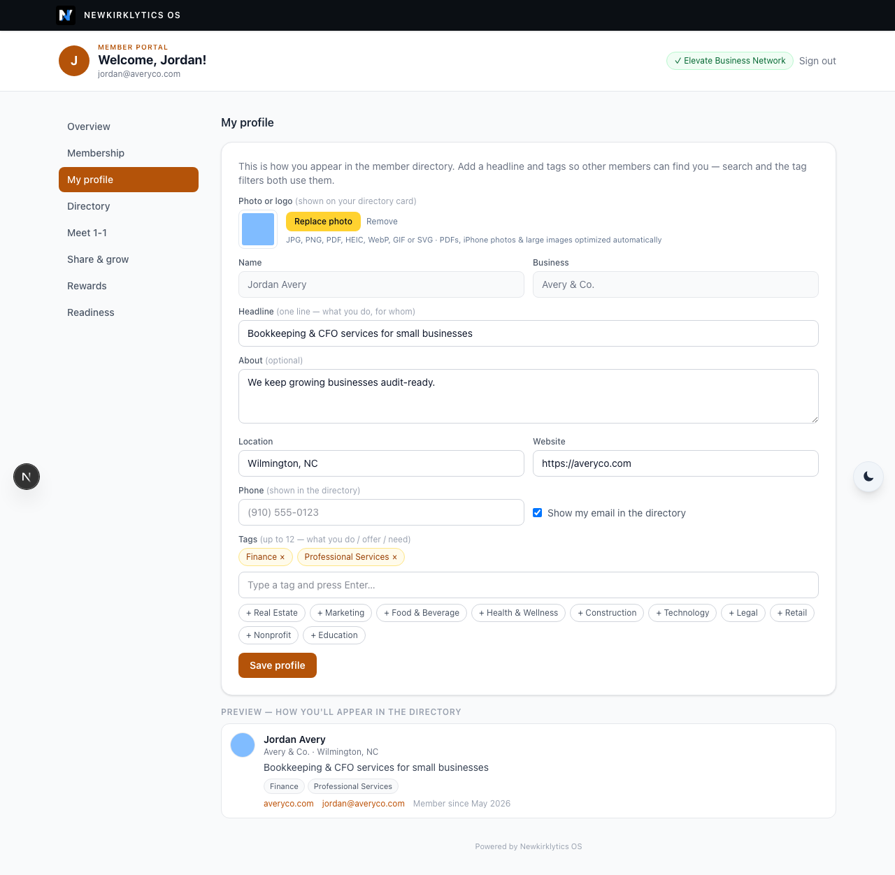 My profile editor with tags and live preview